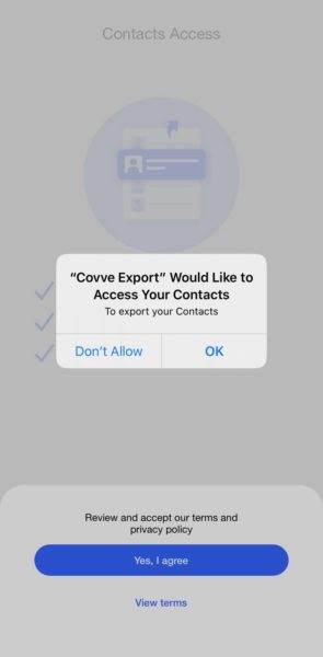 iPhone prompt asking to let Covve Export access your contacts, with the OK button