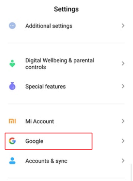 Android Settings with Google highlighted