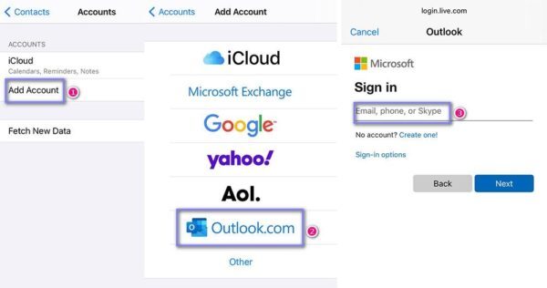iPhone Contacts Accounts with Add Account, then Outlook.com, then the Microsoft sign-in screen