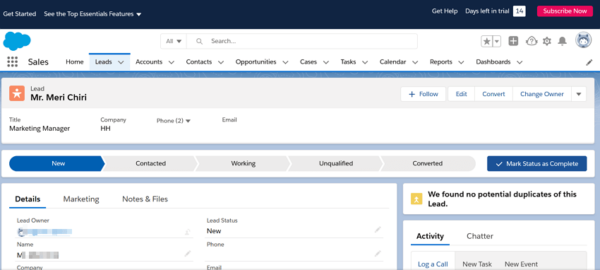 Salesforce lead record after saving, with the lead status path from New to Converted