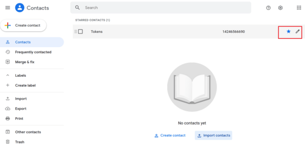 Google Contacts list with the star and edit icons highlighted next to a contact