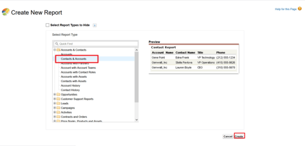 Salesforce Create New Report with Contacts & Accounts selected and the Create button highlighted