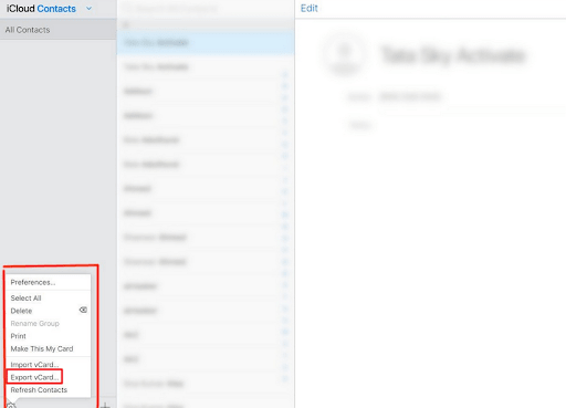 iCloud Contacts settings menu with Export vCard highlighted