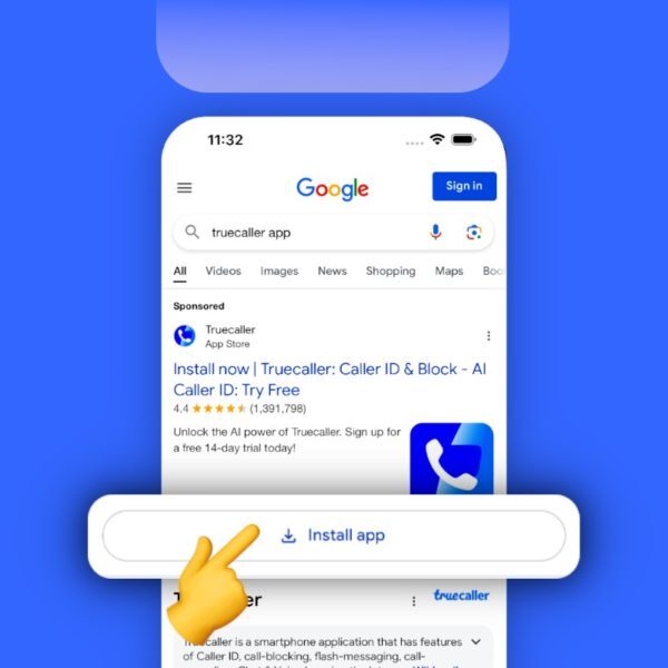 Google search for the Truecaller app with the Install app button
