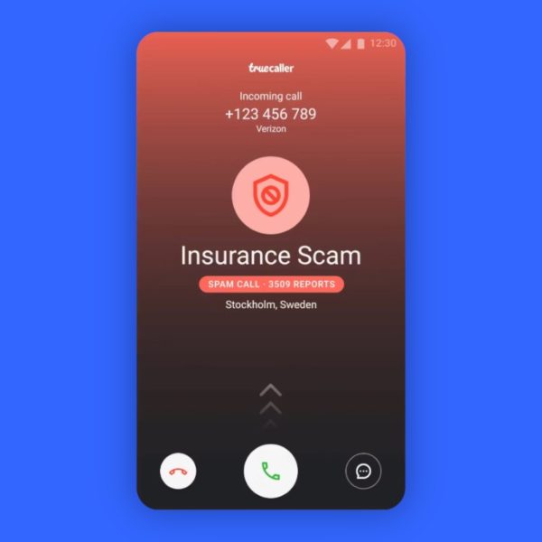 Truecaller incoming call screen flagging the number as a spam call with thousands of reports