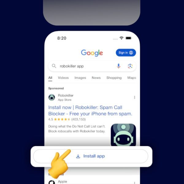 Google search for the RoboKiller app with the Install app button