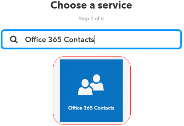 IFTTT service search for Office 365 Contacts with the Office 365 Contacts tile highlighted