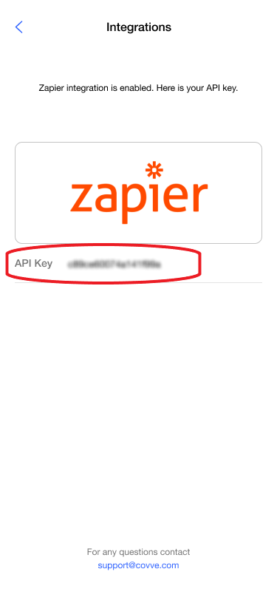Covve Scan screen confirming the Zapier integration is enabled, with the API key circled