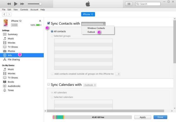 iTunes iPhone Info tab with Sync Contacts with checked, All contacts selected and Outlook chosen