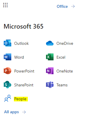 Microsoft 365 app launcher with People highlighted
