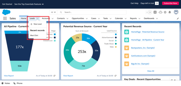 Salesforce Leads menu open with + New Lead and recent records highlighted