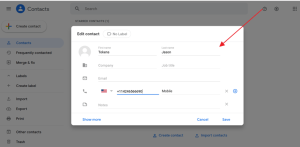 Google Contacts Edit contact box with name, company, job title, email, phone and notes fields