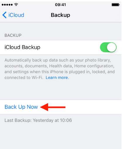 iPhone iCloud Backup settings with an arrow pointing to Back Up Now