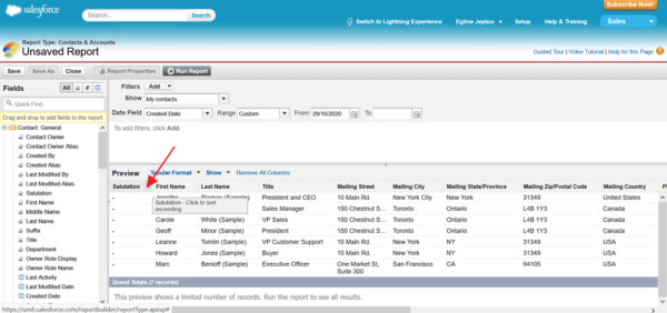 Salesforce unsaved report preview listing the contact columns, from Salutation to Mailing Country