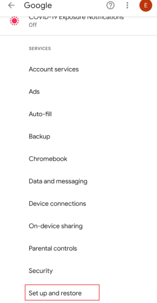 Android Google settings with Set up and restore highlighted