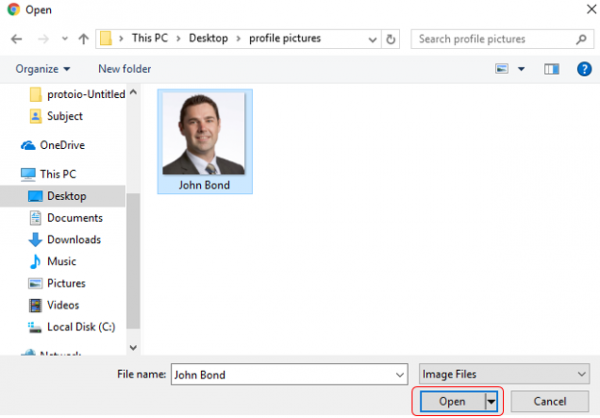 Windows Open dialog with a profile picture selected and the Open button highlighted