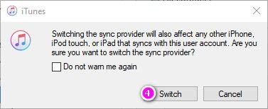iTunes prompt about switching the sync provider, with the Switch button