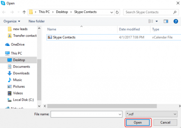 Windows Open dialog with the Skype Contacts file and Open highlighted