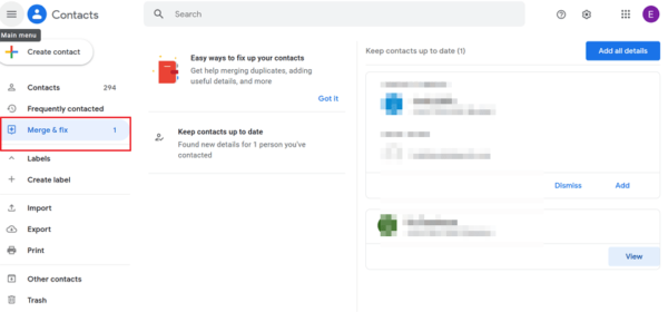 Google Contacts with Merge & fix highlighted, showing suggestions to keep contacts up to date