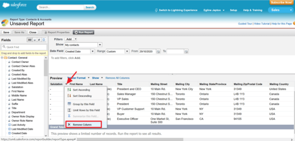 Salesforce report preview with a column menu open and Remove Column highlighted