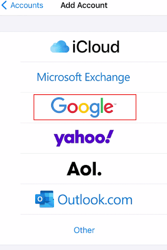 iPhone Add Account screen with Google highlighted