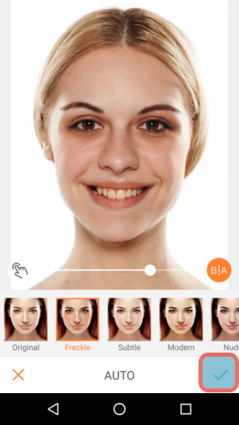 AirBrush makeup styles applied to the photo, with the tick button highlighted