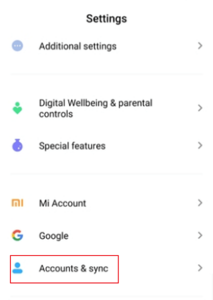 Android Settings with Accounts & sync highlighted
