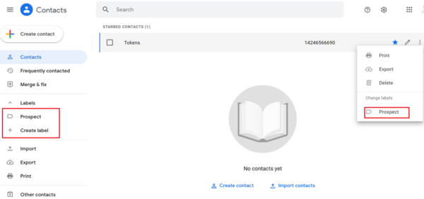 Google Contacts with a new label in the sidebar and the contact menu adding it to the label