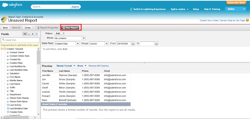 Salesforce report with only name, phone and email columns, and the Run Report button highlighted