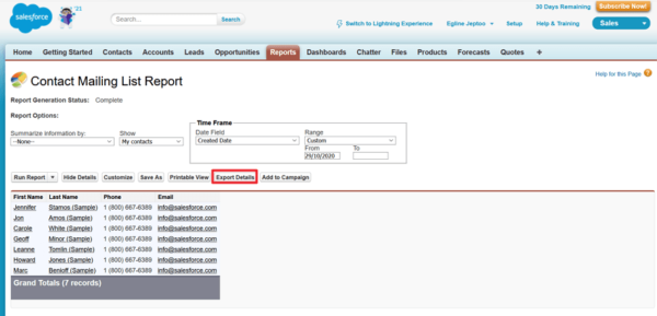 Salesforce Contact Mailing List Report with the Export Details button highlighted