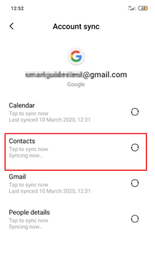 Android Google Account sync screen with Contacts highlighted and syncing