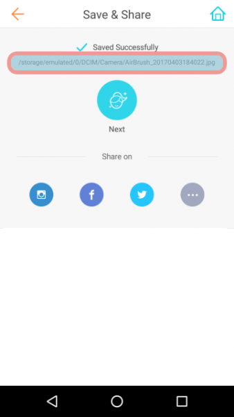 AirBrush Save & Share screen with the saved photo's file path highlighted