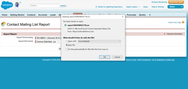 Browser dialog to save the exported Salesforce report as a CSV file