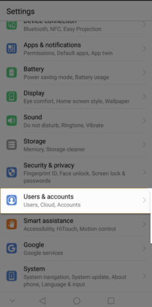 Android Settings with Users & accounts highlighted