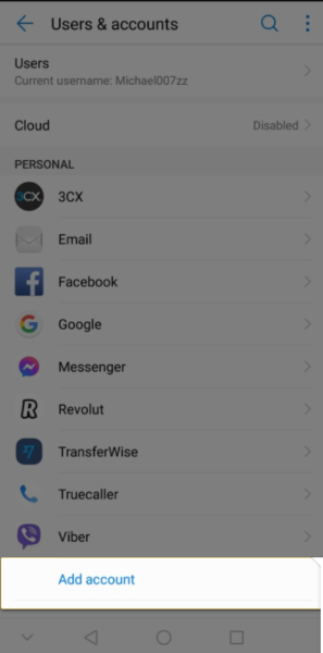 Android Users & accounts list with Add account highlighted at the bottom