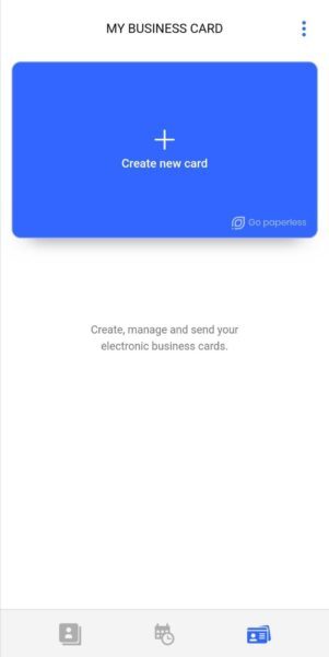 Covve My Business Card screen with the Create new card button