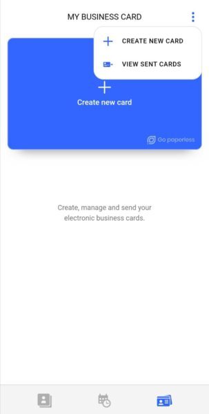 Covve My Business Card menu opened from the three dots, with Create New Card