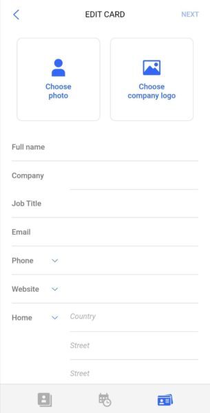 Covve Edit Card form for photo, company logo, name, company, job title, email, phone and website