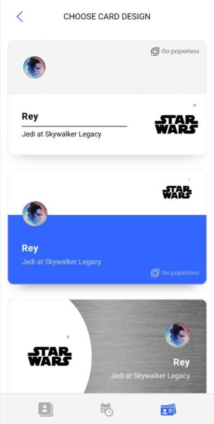 Covve Choose Card Design screen offering three digital business card designs