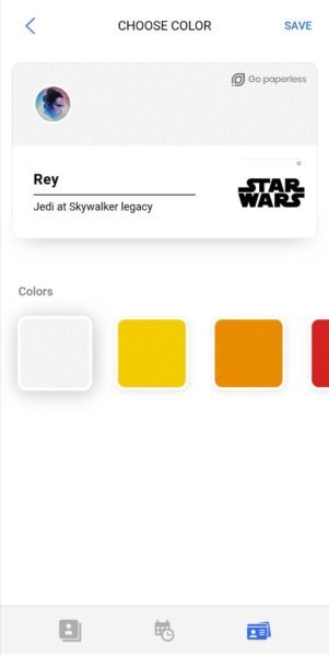 Covve Choose Color screen with the card preview, color swatches and the Save button