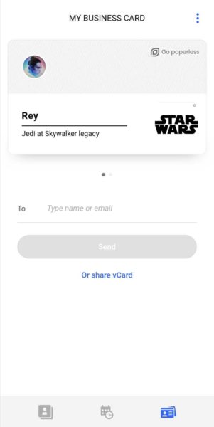 Covve My Business Card screen with the new card, a field for the recipient and Or share vCard