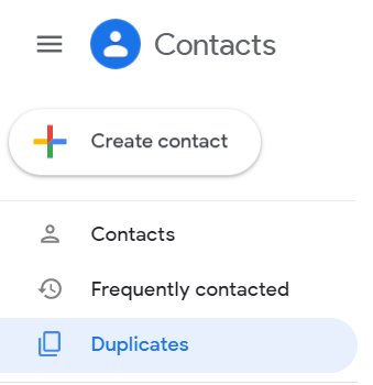 Google Contacts sidebar with Duplicates selected