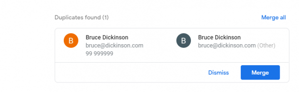Google Contacts Duplicates found, with two copies of a contact and the Merge button