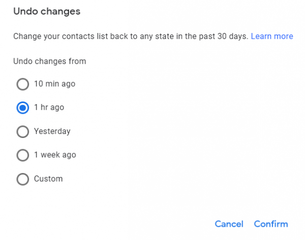 Google Contacts Undo changes dialog with time options and the Confirm button