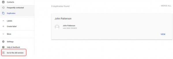 Google Contacts sidebar with Go to the old version highlighted