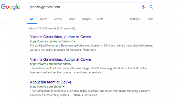 Google search for an email address, with results from the website of the company it belongs to
