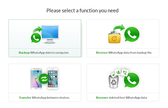 WhatsApp backup tool home screen with four options: Backup, Restore, Transfer and Recover WhatsApp data