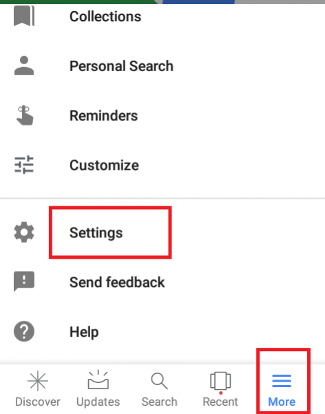 Google app More tab with Settings highlighted