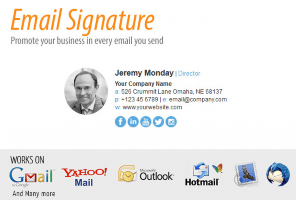 Example HTML email signature with photo, contact details and social icons, working in Gmail, Outlook and more