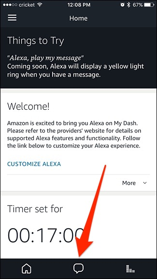 Alexa app home screen with an arrow pointing to the Conversations tab